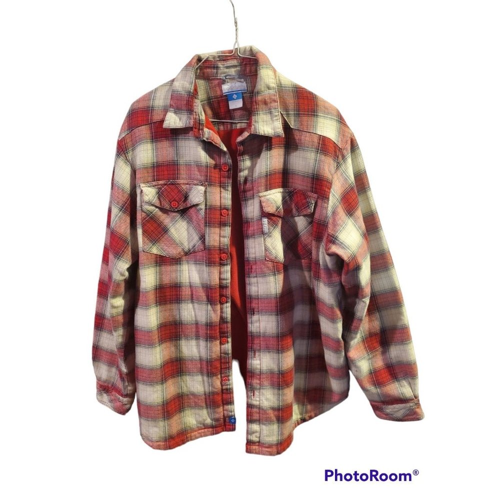 Columbia fleece lined shirt buttoned up red white sz M may fit L excellent - Picture 5 of 5